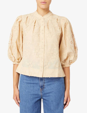 Farm Rio Flower-Embroidered Cotton Blouse