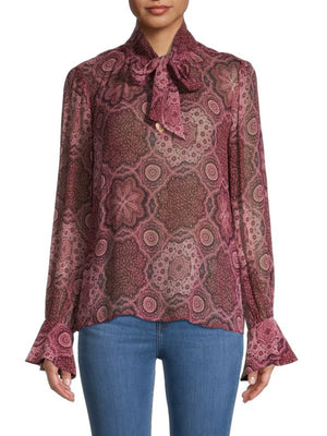 Paige Maline Tie-Neck Silk Printed Blouse