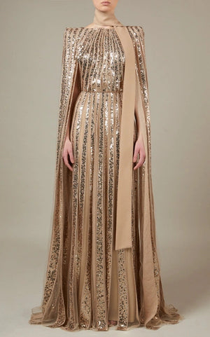 Elie Saab Sequin Embellished Cape Tulle Gown