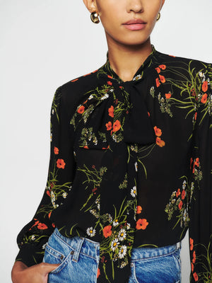 Reformation Freya Floral Printed Tie-Neck Blouse