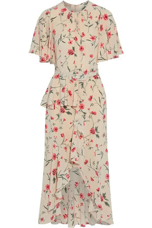Michael Kors Collection Belted Ruffled Floral-Print Silk Midi Dress