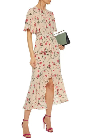 Michael Kors Collection Belted Ruffled Floral-Print Silk Midi Dress