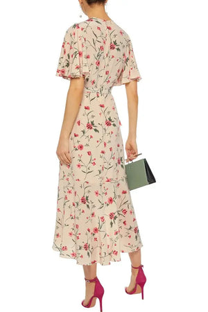 Michael Kors Collection Belted Ruffled Floral-Print Silk Midi Dress