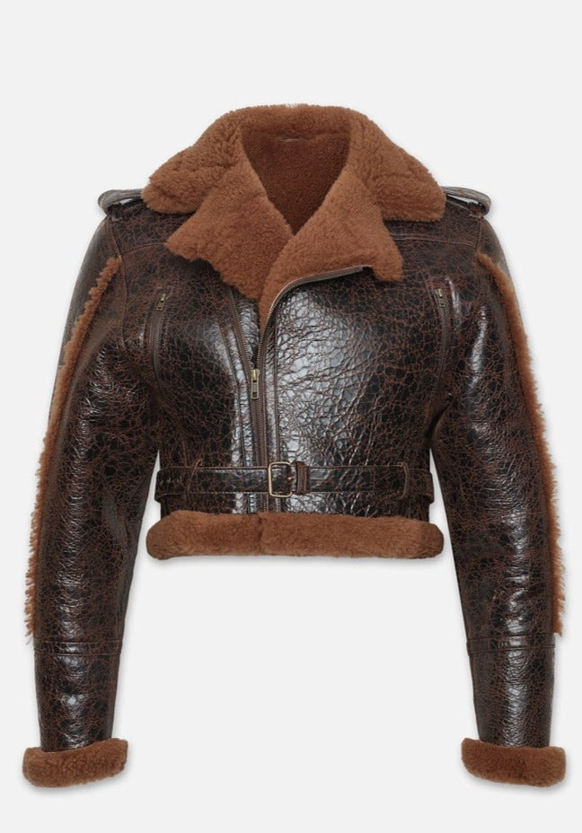 FRAME Shearling Strong Shoulder Moto Leather Jacket