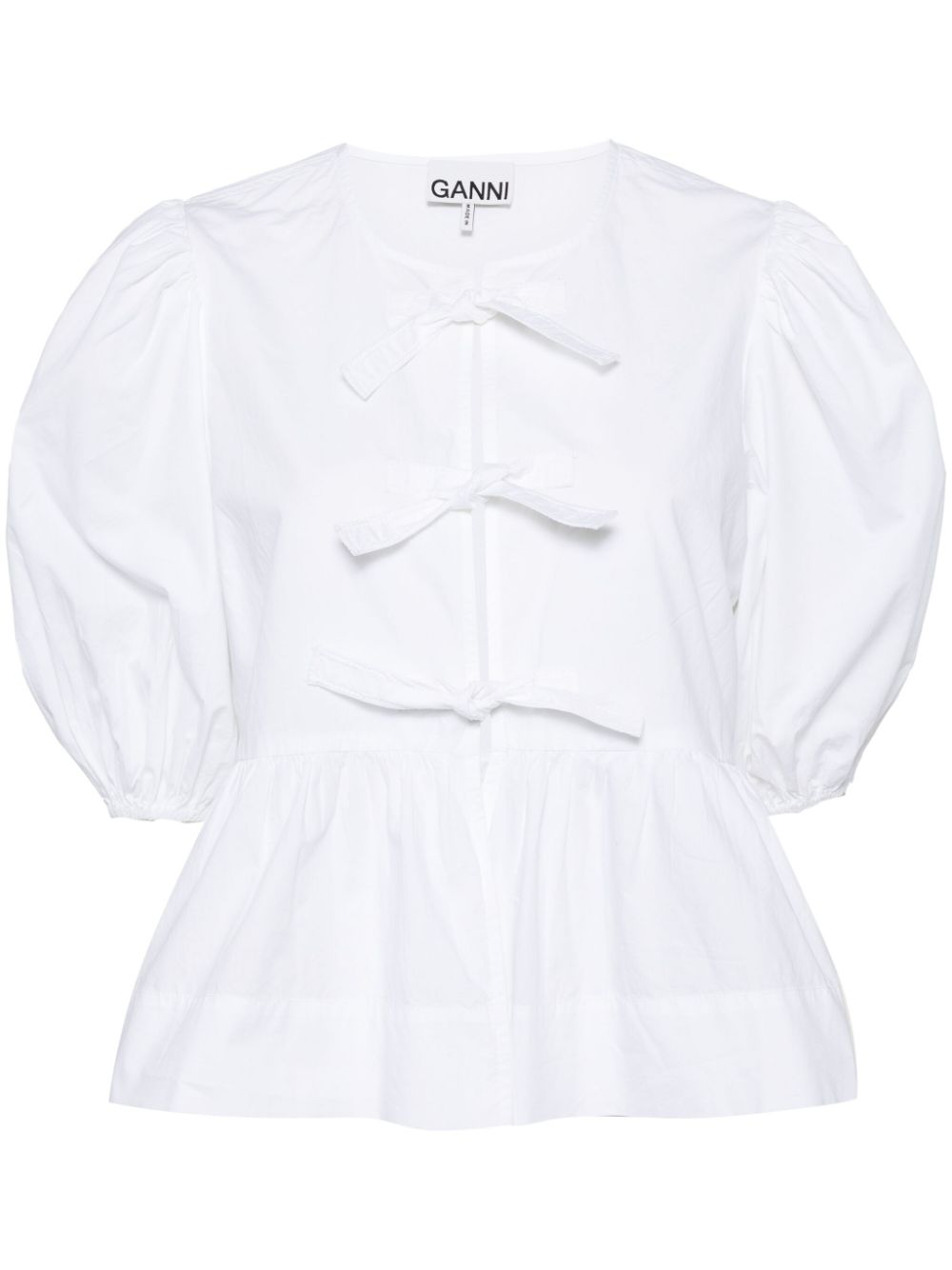 GANNI Tie-Detail Puff Sleeve Cotton Poplin Blouse