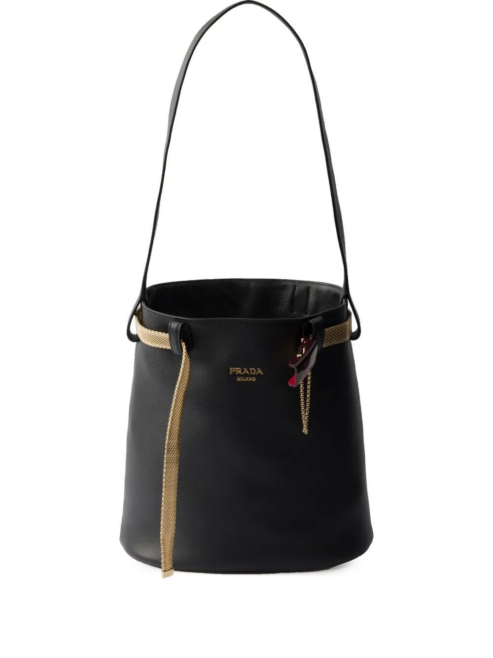Prada Buckle Leather Bucket Bag with Jeweled Belt