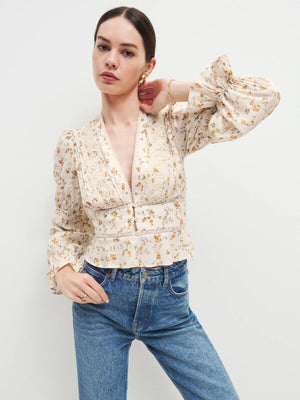 Reformation Meadowlark Floral Printed Plunge Blouse