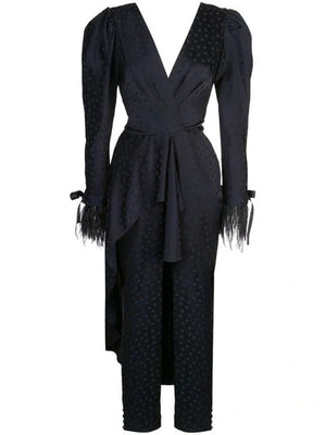 Johanna Ortiz Feather-Trimmed Dotted Jacquard Satin Jumpsuit