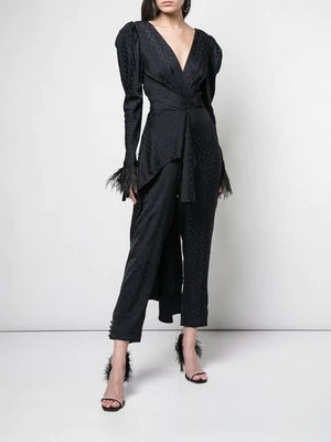 Johanna Ortiz Feather-Trimmed Dotted Jacquard Satin Jumpsuit