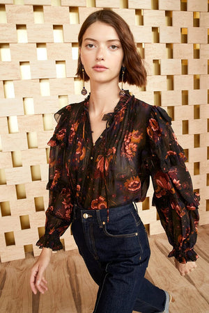 Ulla Johnson Miray Ruffled Floral Printed Silk Blouse