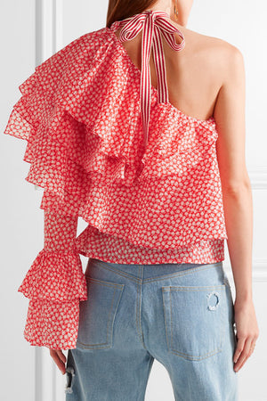 Rosie Assoulin Printed One-Shoulder Ruffled Cotton Top