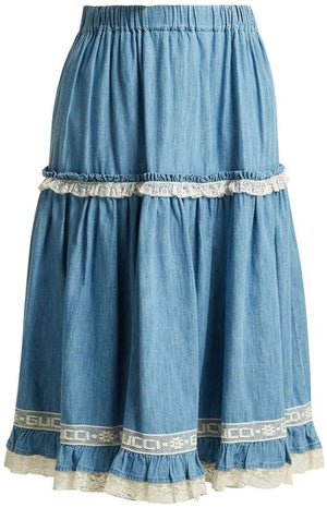 Gucci Logo Lace-Trimmed Tiered Denim Skirt