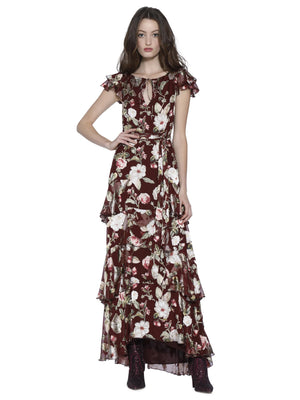 Alice + Olivia Jenny Flutter Sleeve Floral Printed Chiffon Maxi Dress