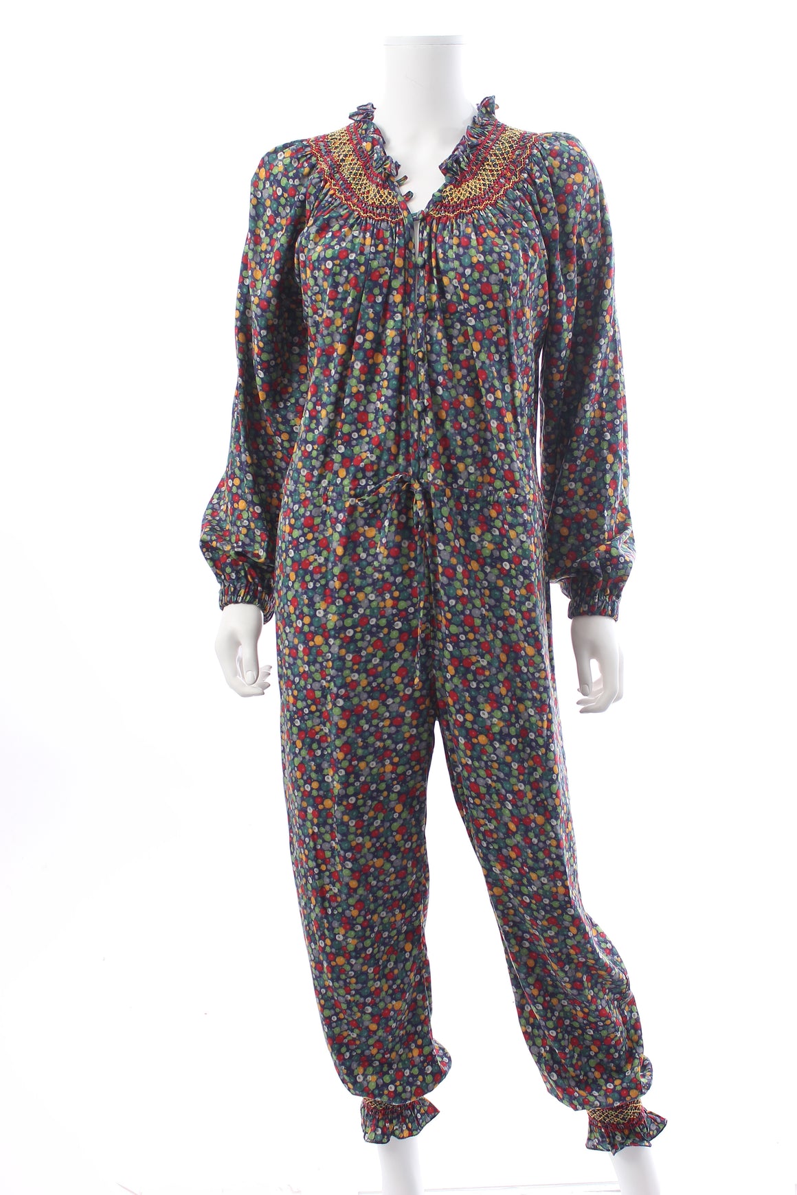 Loretta Caponi Christina Ruffled Smocked Printed Jumpsuit