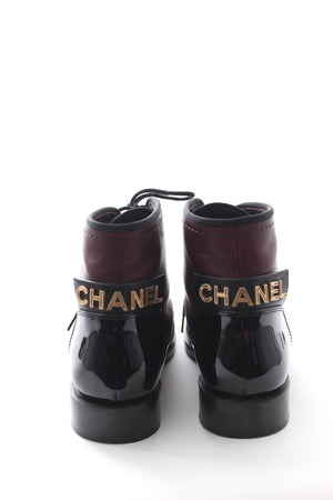 Chanel Two-Tone Logo-Embellished Lace Up Leather Ankle Boots