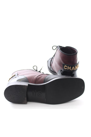 Chanel Two-Tone Logo-Embellished Lace Up Leather Ankle Boots