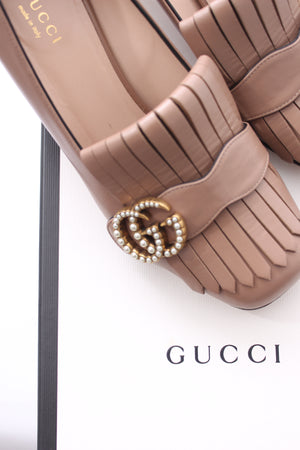 Gucci Marmont Pearl-Embellished Fringed Leather Pumps