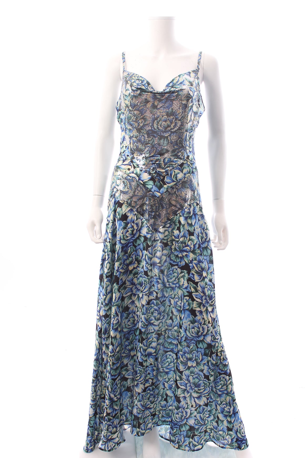 Paco Rabanne Chainmail Panelled Floral Printed Satin Maxi Dress