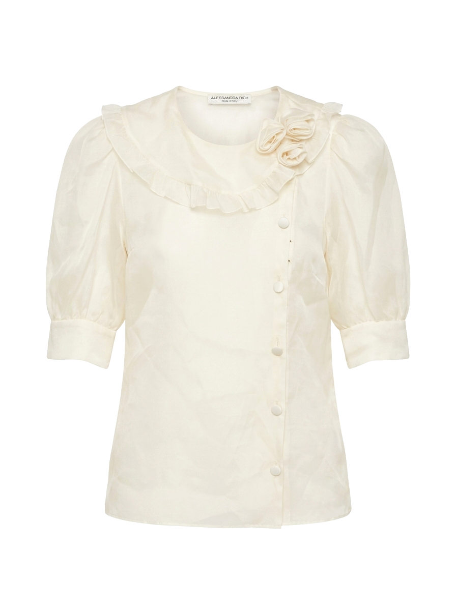 Alessandra Rich Floral Appliqué Silk Organza Blouse
