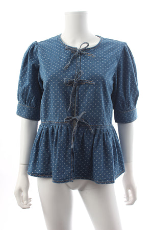 GANNI Polka-Dot Denim Peplum Blouse - Current Season