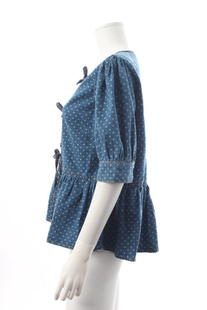 GANNI Polka-Dot Denim Peplum Blouse - Current Season