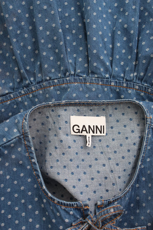 GANNI Polka-Dot Denim Peplum Blouse - Current Season