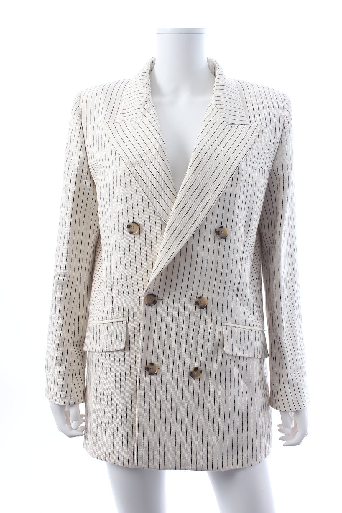 FRAME Pinstriped Double-Breasted Cotton and Linen-Blend Blazer