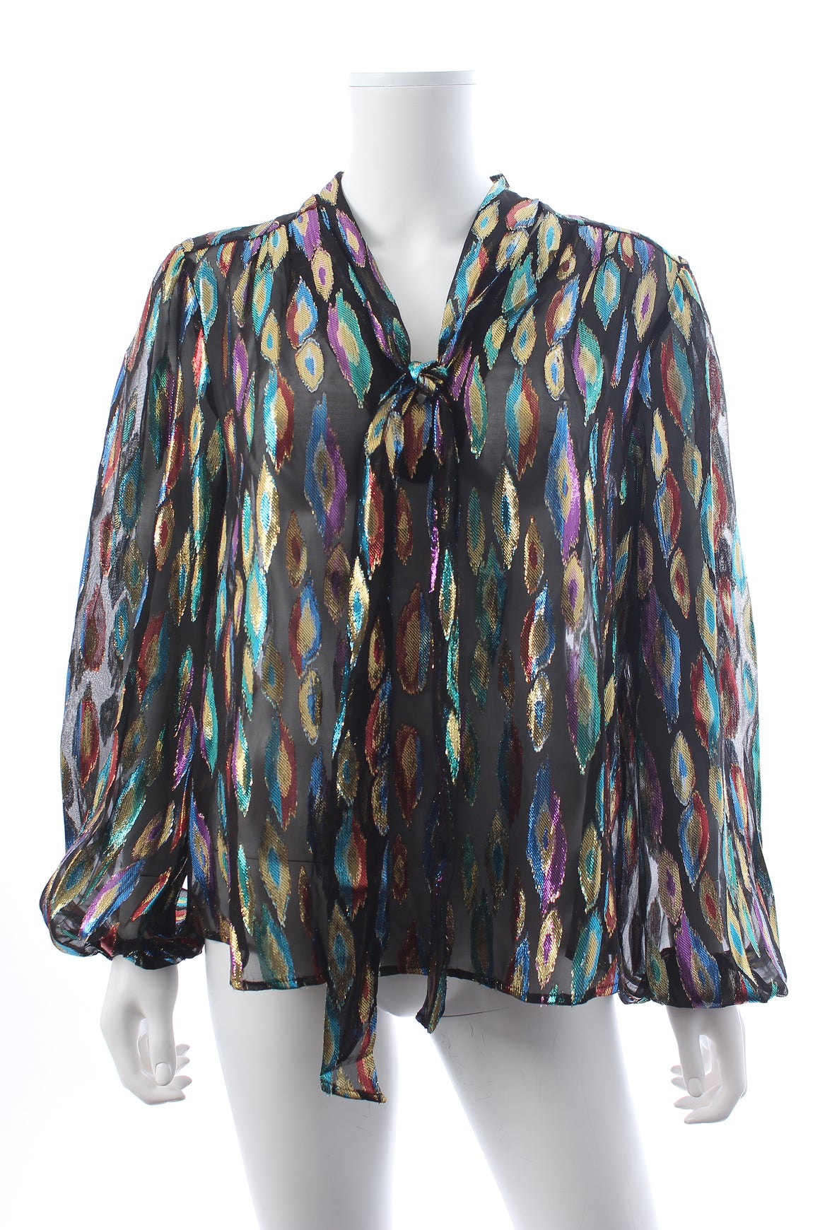 RIXO Moss Metallic-Silk Feather Print Top