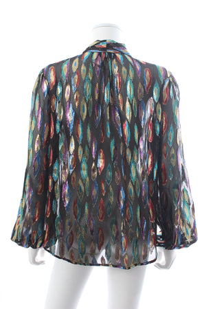 RIXO Moss Metallic-Silk Feather Print Top