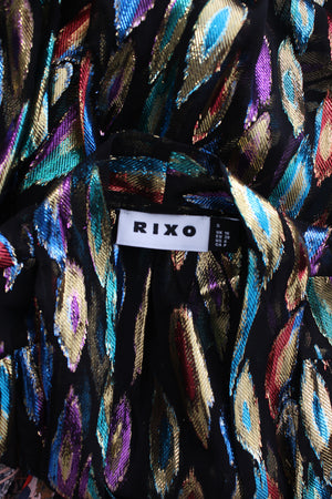 RIXO Moss Metallic-Silk Feather Print Top