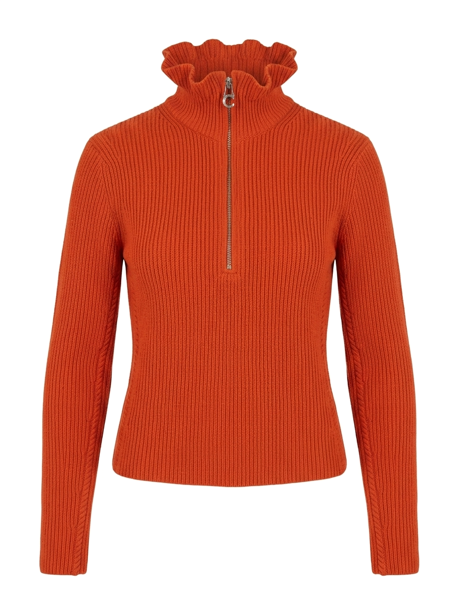 Chloe Ruffle Collar Ribbed Wool and Cashmere-Blend Zip Sweater