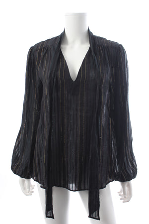 RIXO Moss Tie-Neck Metallic Striped Voile Blouse