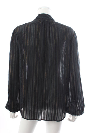 RIXO Moss Tie-Neck Metallic Striped Voile Blouse