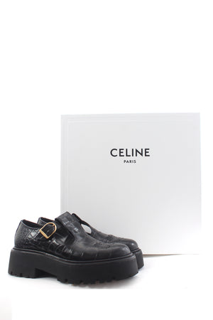 Celine Triophe Perforated Croc-Embossed Leather Platform Loafers