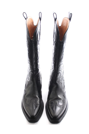 GANNI Embroidered Leather Cowboy Boots - Current Season