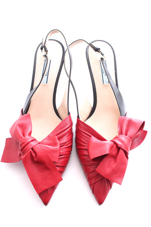 Prada Bow-Detail Two-Tone Leather Slingback Pumps