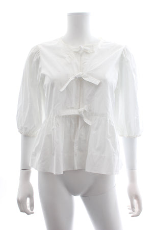 GANNI Tie-Detail Puff Sleeve Cotton Poplin Blouse