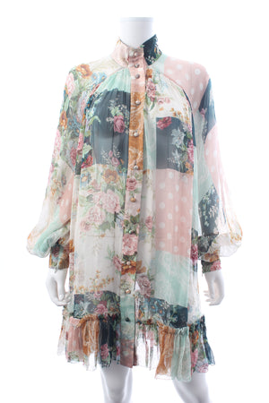 Zimmermann Wavelength Smock Patchwork Printed Silk-Georgette Mini Dress