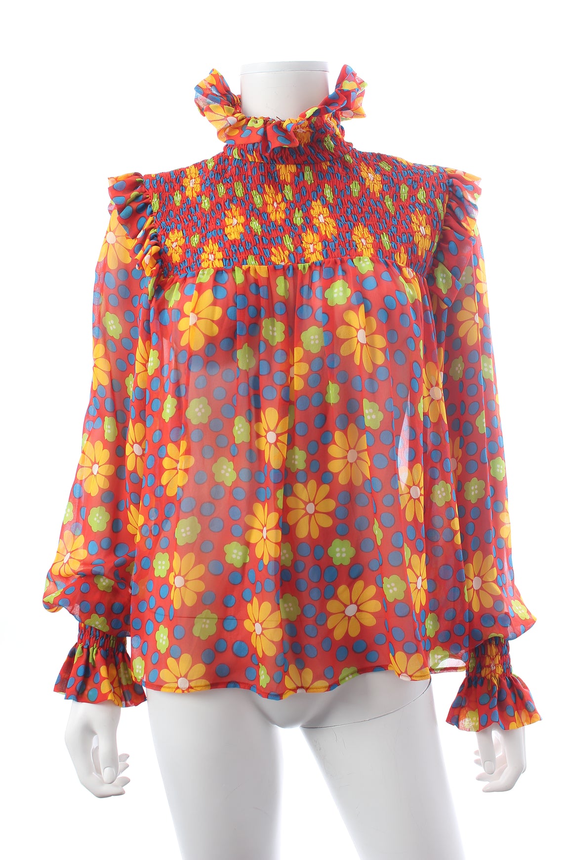 Saint Laurent Ruffled High Neck Printed Silk Blouse