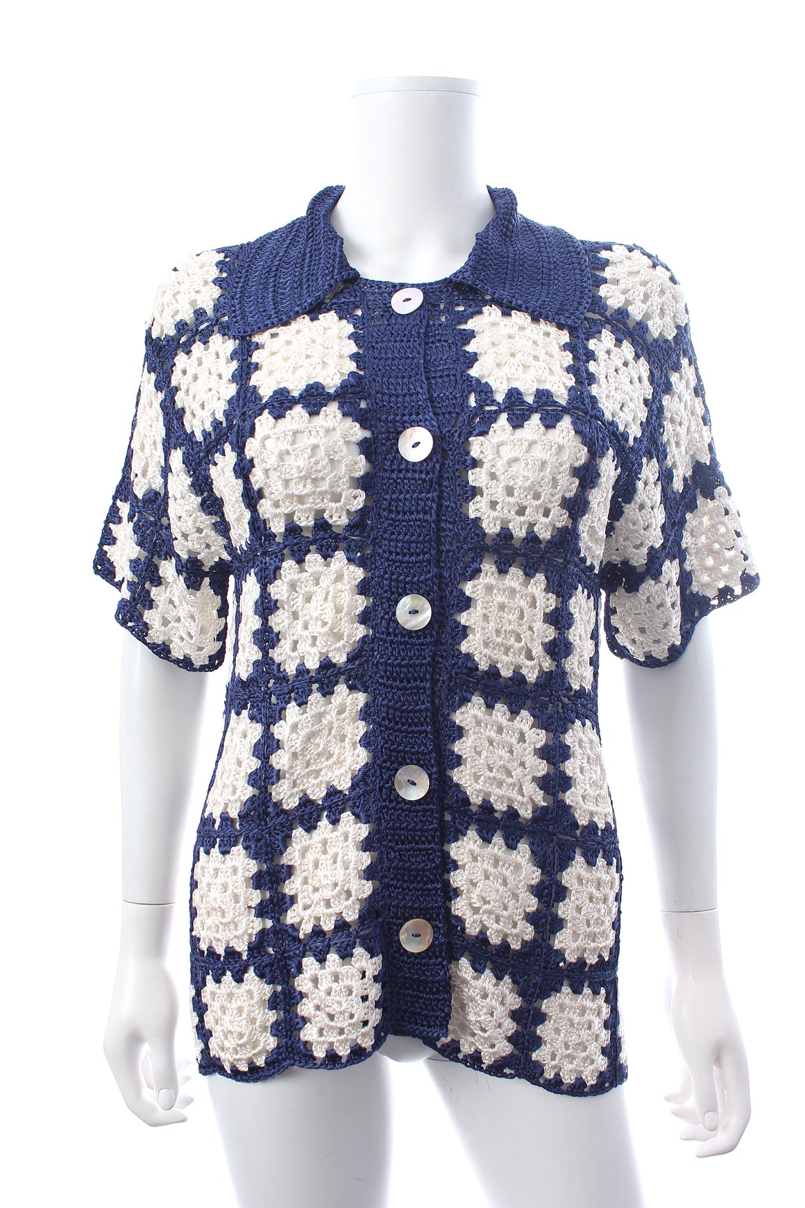 Calle Del Mar Checked Crochet Knit Cardigan