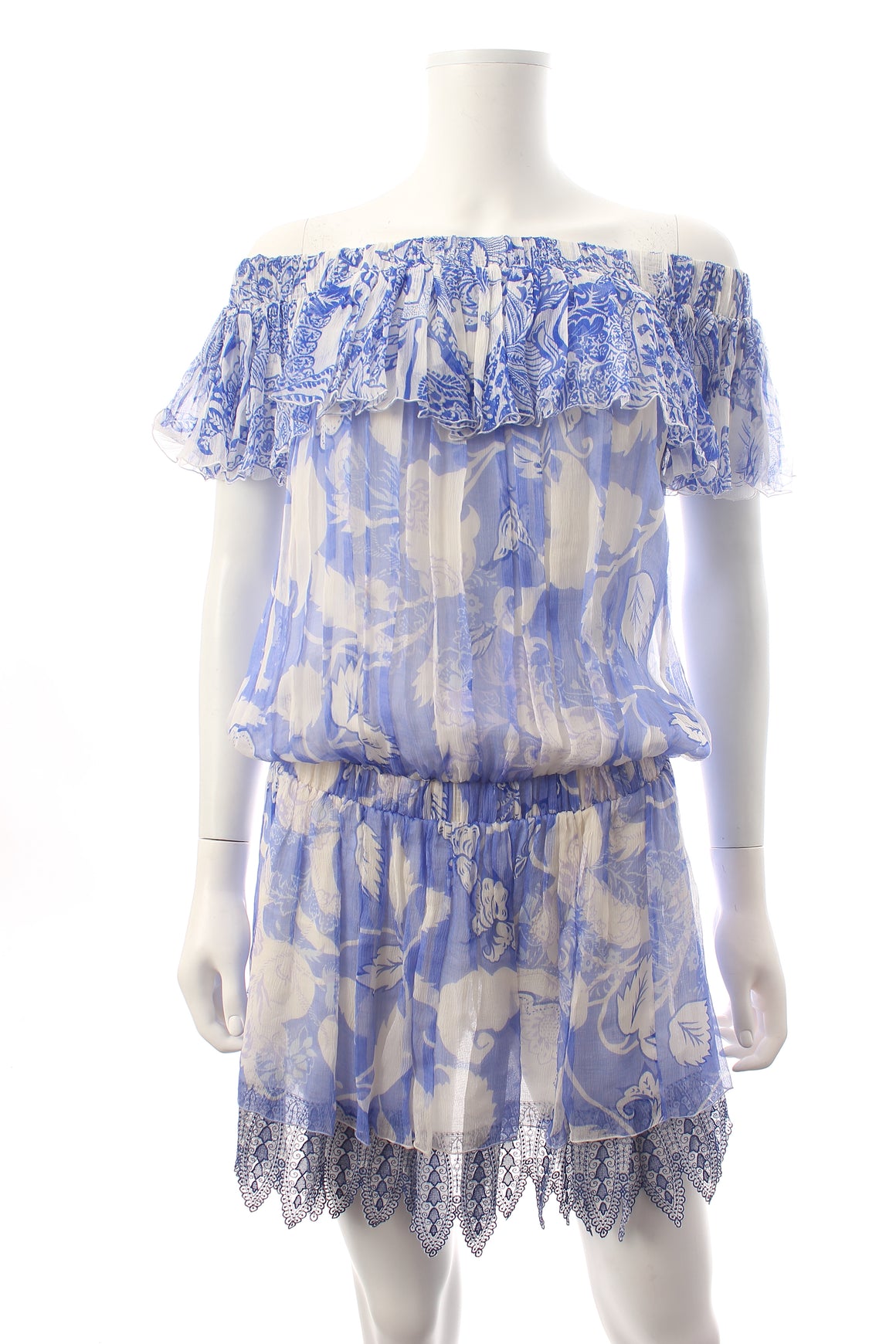 Blumarine Off-the-shoulder Lace-Trimmed Ruffled Silk Chiffon Mini Dress