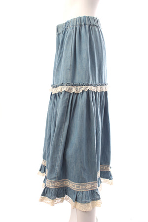 Gucci Logo Lace-Trimmed Tiered Denim Skirt