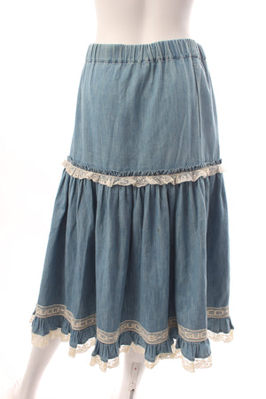 Gucci Logo Lace-Trimmed Tiered Denim Skirt