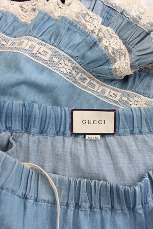 Gucci Logo Lace-Trimmed Tiered Denim Skirt
