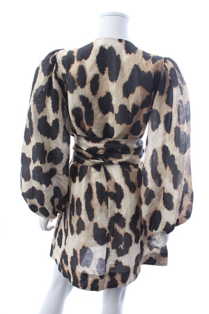 GANNI Leopard Printed Linen and Silk Mini Dress