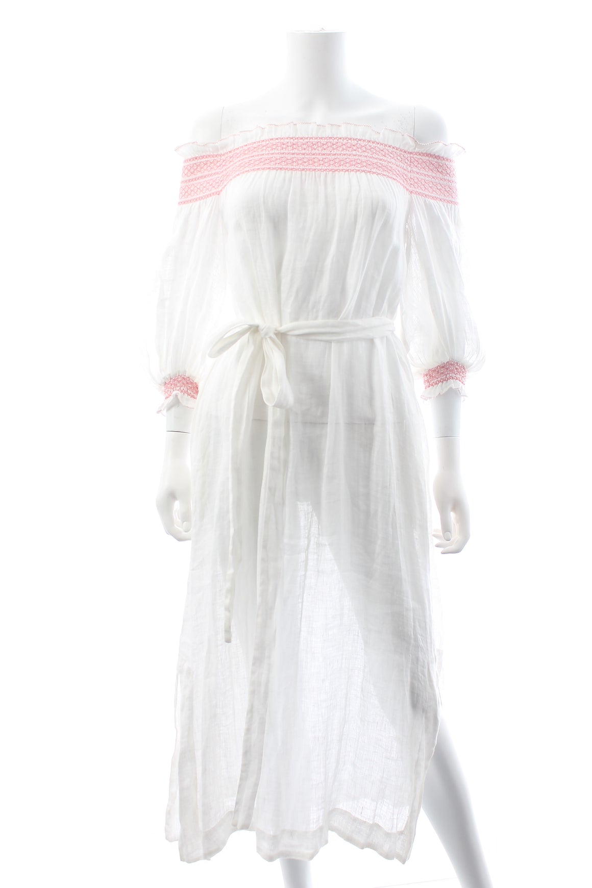 Lisa Marie Fernandez Embroidered Smocked Linen Midi Dress