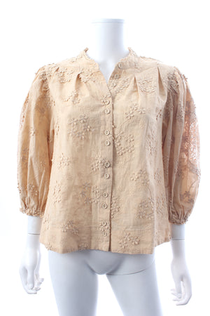 Farm Rio Flower-Embroidered Cotton Blouse