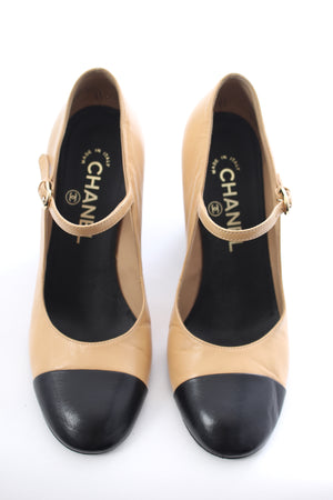 Chanel Pearl Embellished Cap Toe Leather Mary Jane Pumps