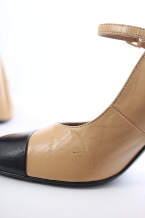 Chanel Pearl Embellished Cap Toe Leather Mary Jane Pumps