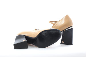 Chanel Pearl Embellished Cap Toe Leather Mary Jane Pumps